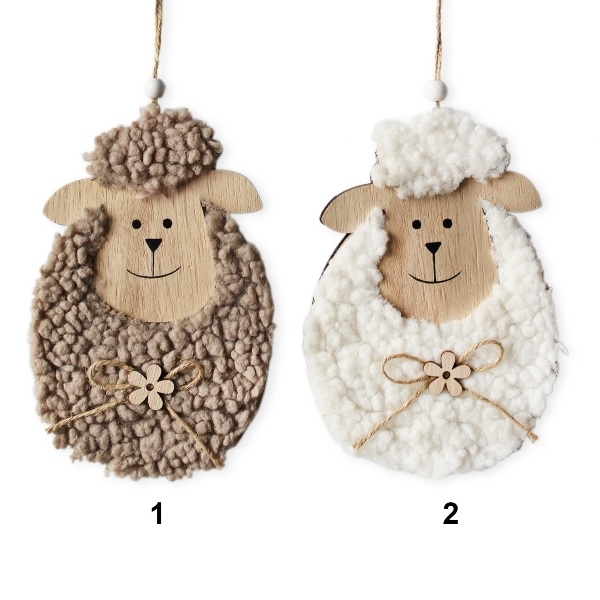 Beránek závěs dřevo textil 15,5 cm mix hnědá bílá